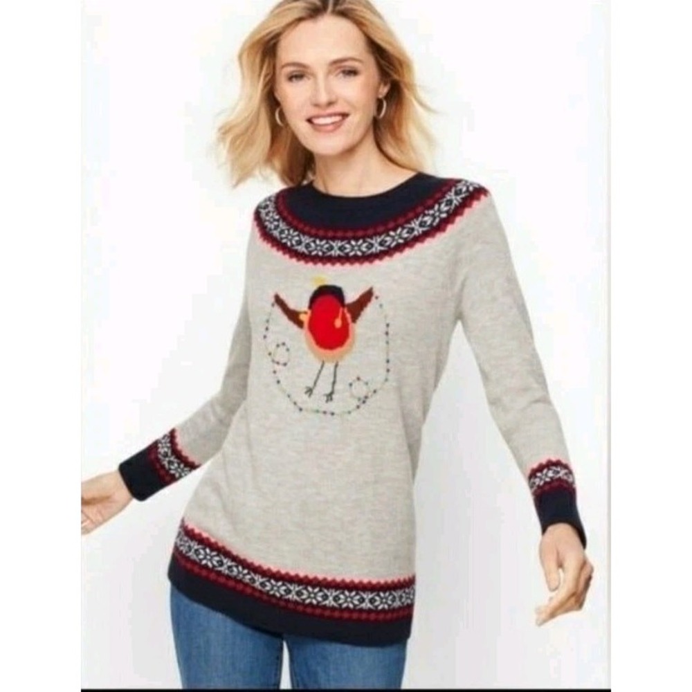 Talbots Bird Fair Isle Holiday Sweater Womens Large Gray Lambswool Mix Pullover